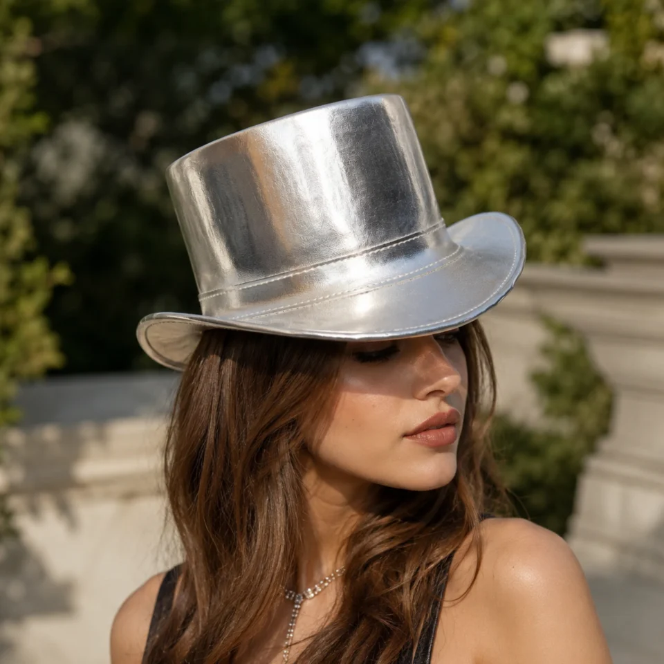 Black Handmade Leather Gothic Top Hat Style 193 front view - black gothic top hat with structured crown