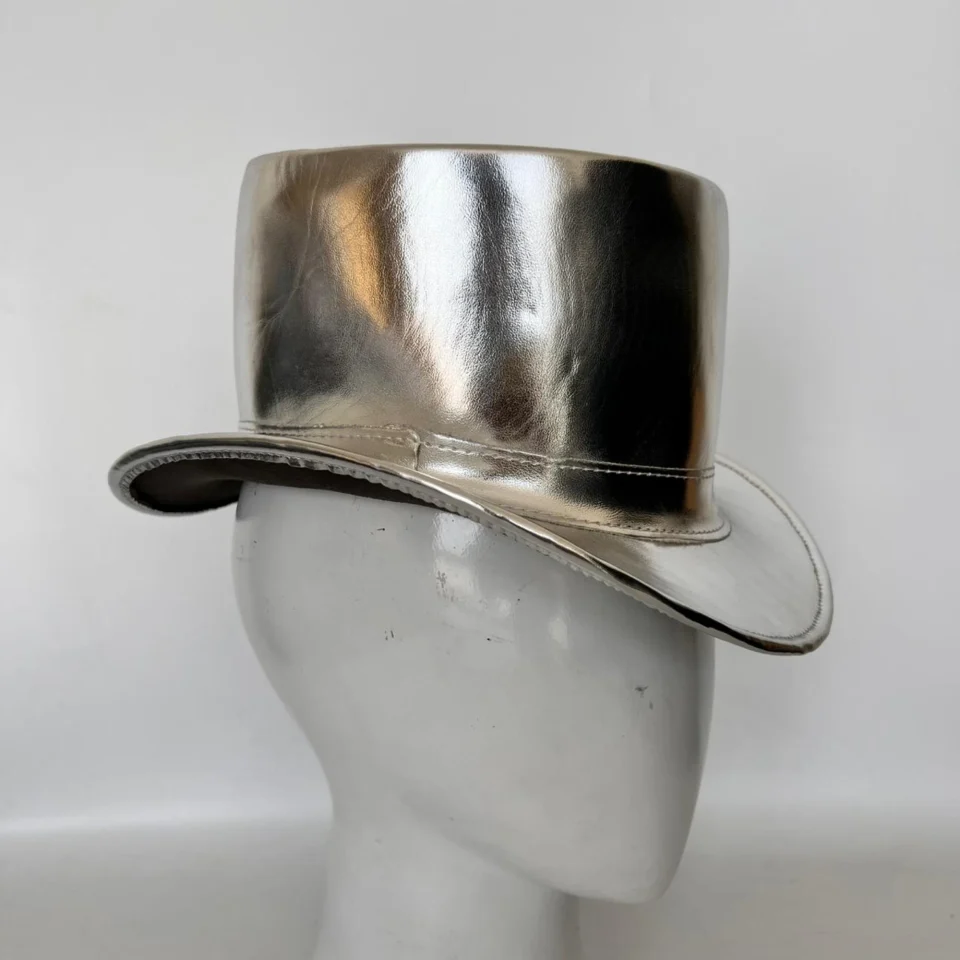 Black Handmade Leather Gothic Top Hat Style 193 gallery view 06 - black gothic top hat with structured crown