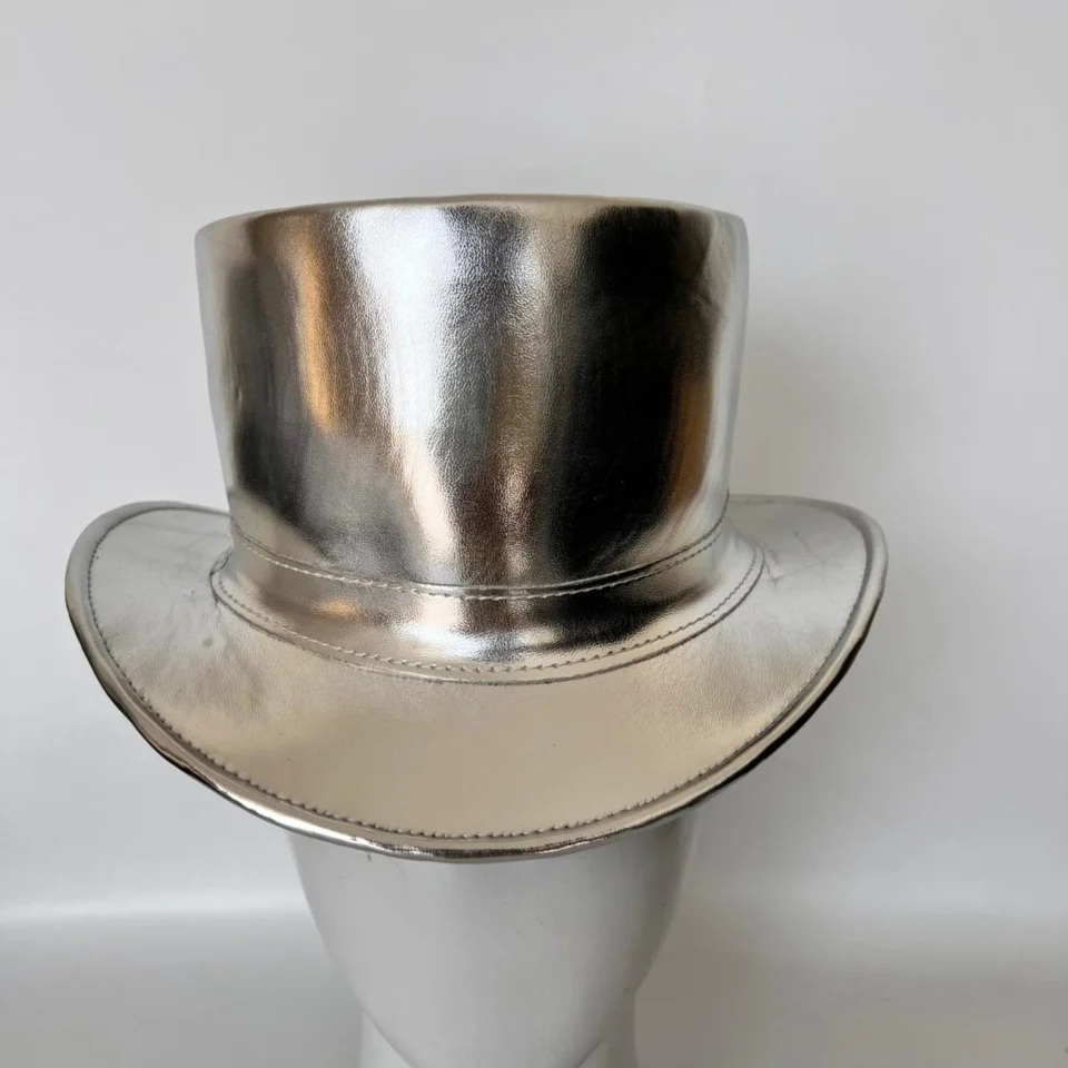 Black Handmade Leather Gothic Top Hat Style 193 gallery view 07 - black gothic top hat with structured crown