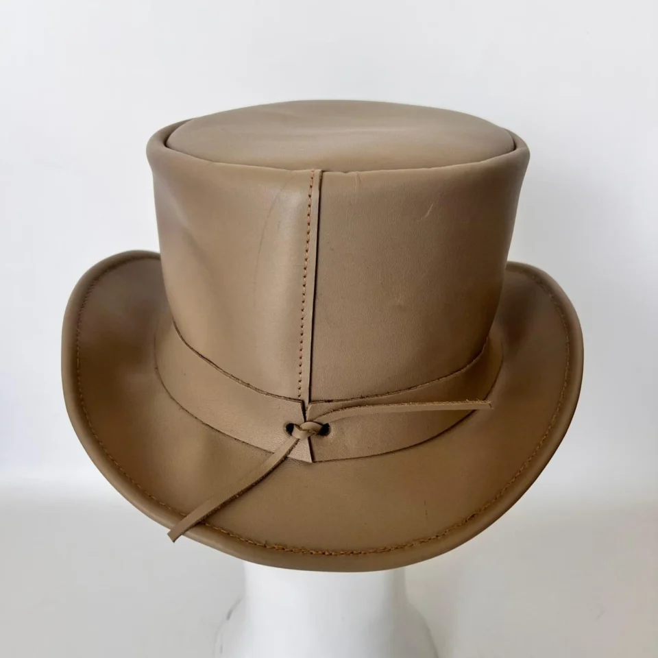 Black Handmade Leather Gothic Top Hat Style 199 back view - black gothic top hat with structured crown