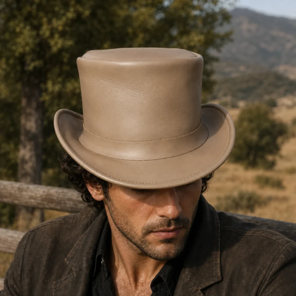 Black Handmade Leather Gothic Top Hat Style 199 front view - black gothic top hat with structured crown