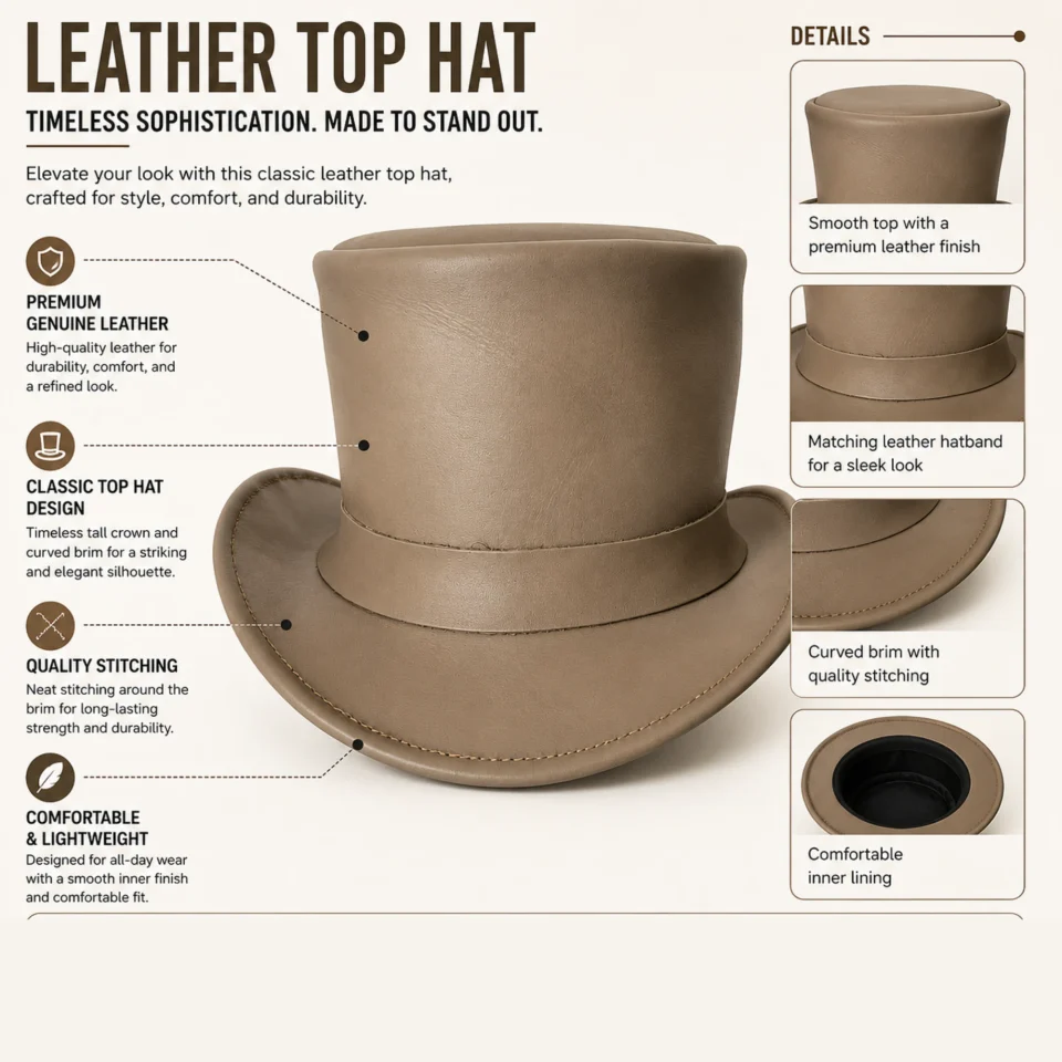 Black Handmade Leather Gothic Top Hat Style 199 three quarter view - black gothic top hat with structured crown