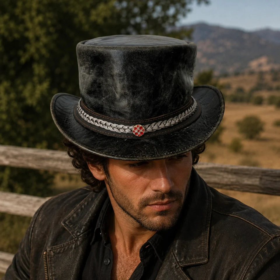Rugged Distressed Black Top Hat front view - distressed black / gray tall top hat / western top hat