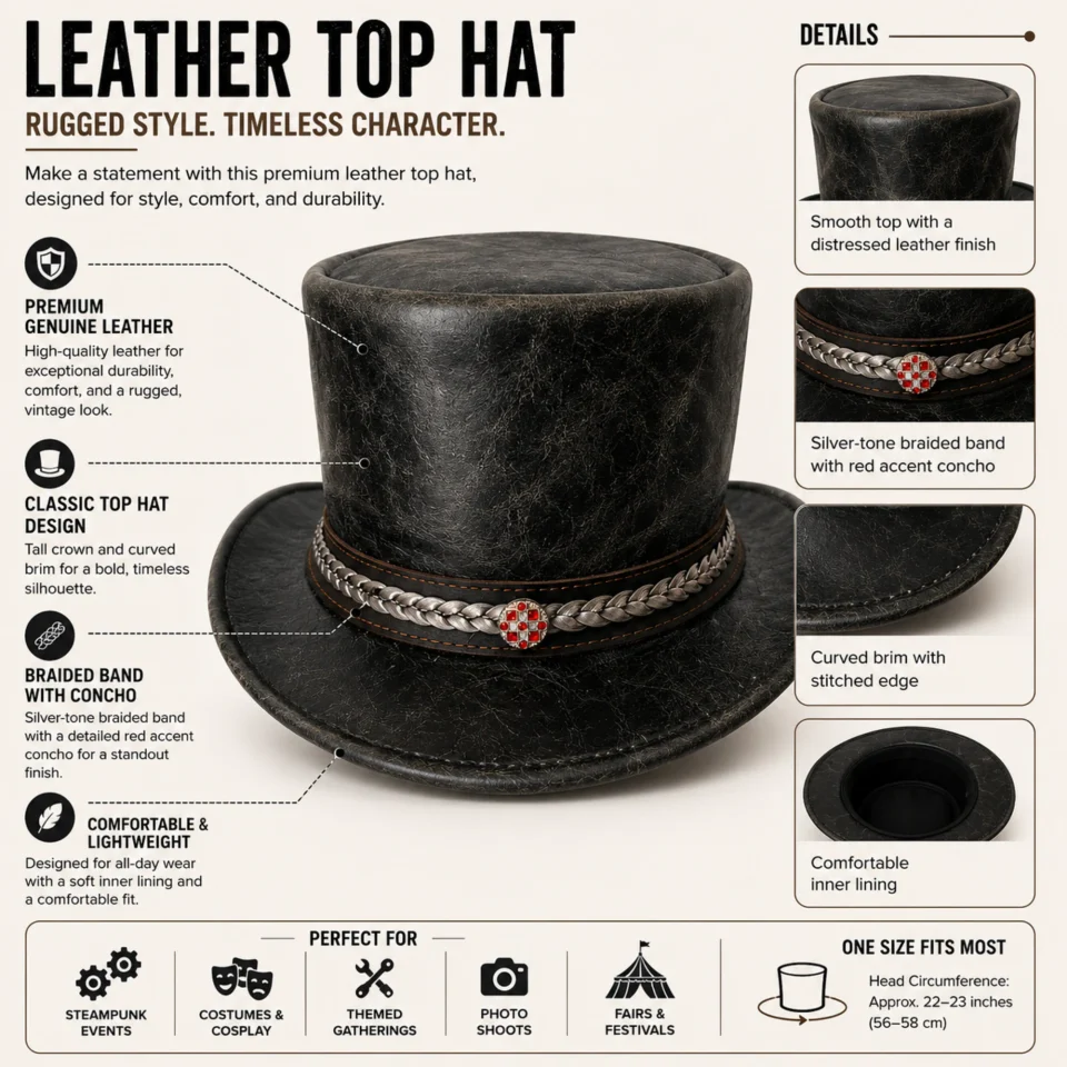 Rugged Distressed Black Top Hat three-quarter view - distressed black / gray tall top hat / western top hat