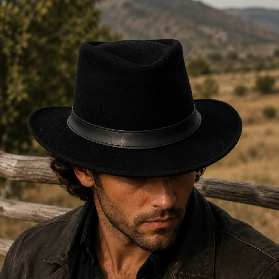 Black Wool Felt Top Hat front view - black tall top hat / western top hat