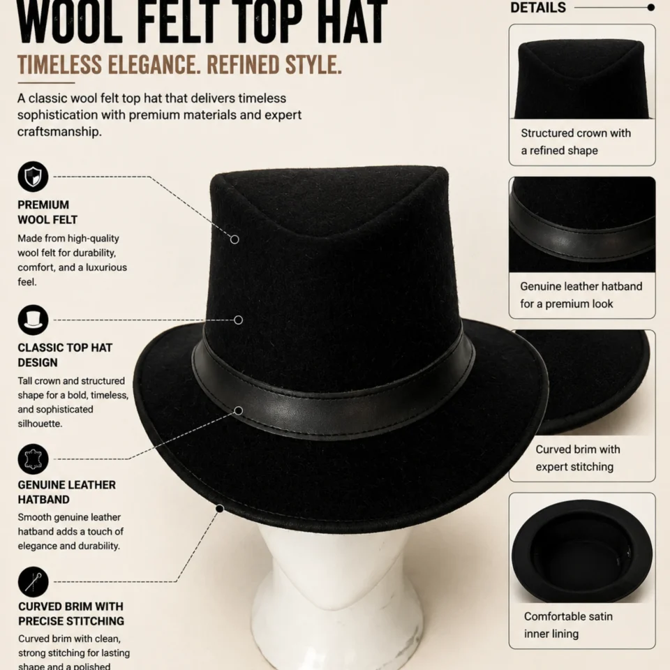 Black Wool Felt Top Hat three-quarter view - black tall top hat / western top hat