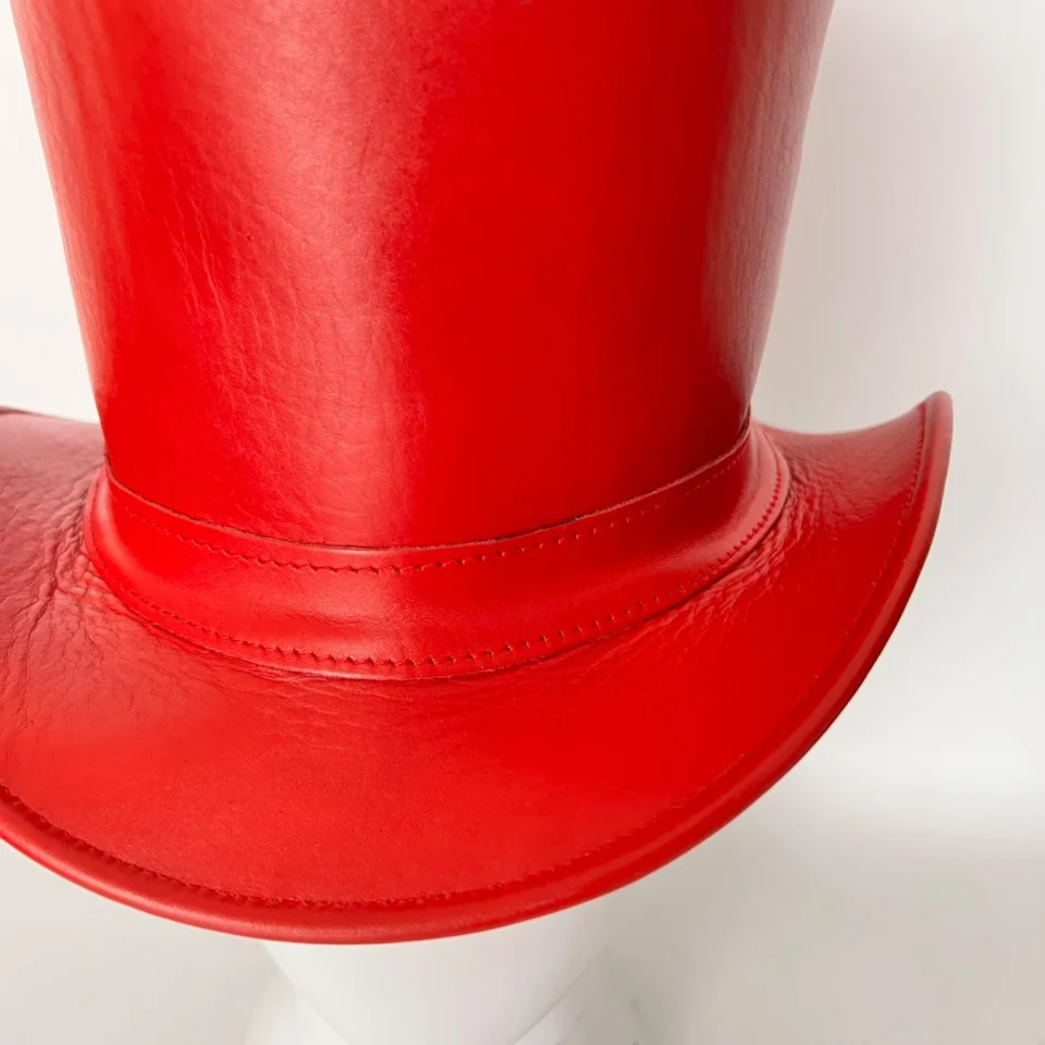 Bright Red Leather-Look Top Hat back view - bright red tall top hat / western top hat