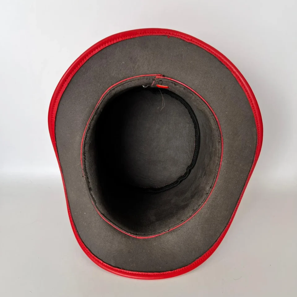 Bright Red Leather-Look Top Hat detail view - bright red tall top hat / western top hat
