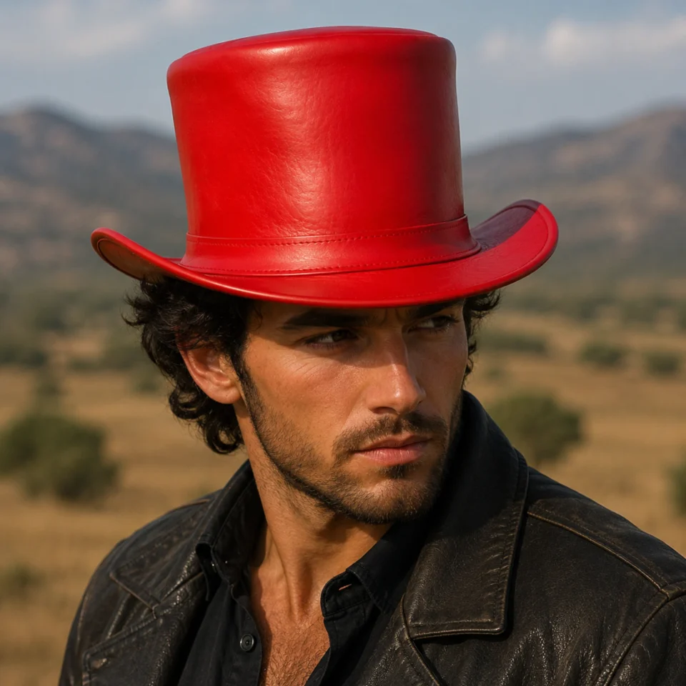 Bright Red Leather-Look Top Hat front view - bright red tall top hat / western top hat