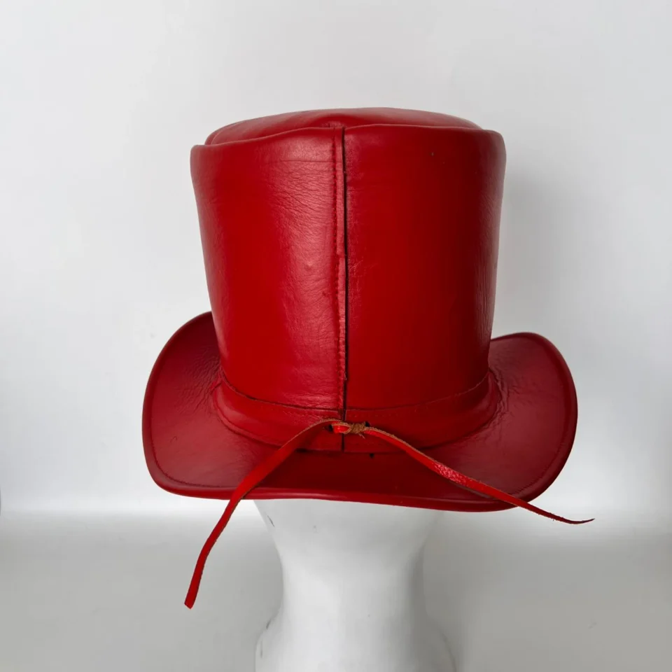 Bright Red Leather-Look Top Hat gallery view 5 - bright red tall top hat / western top hat