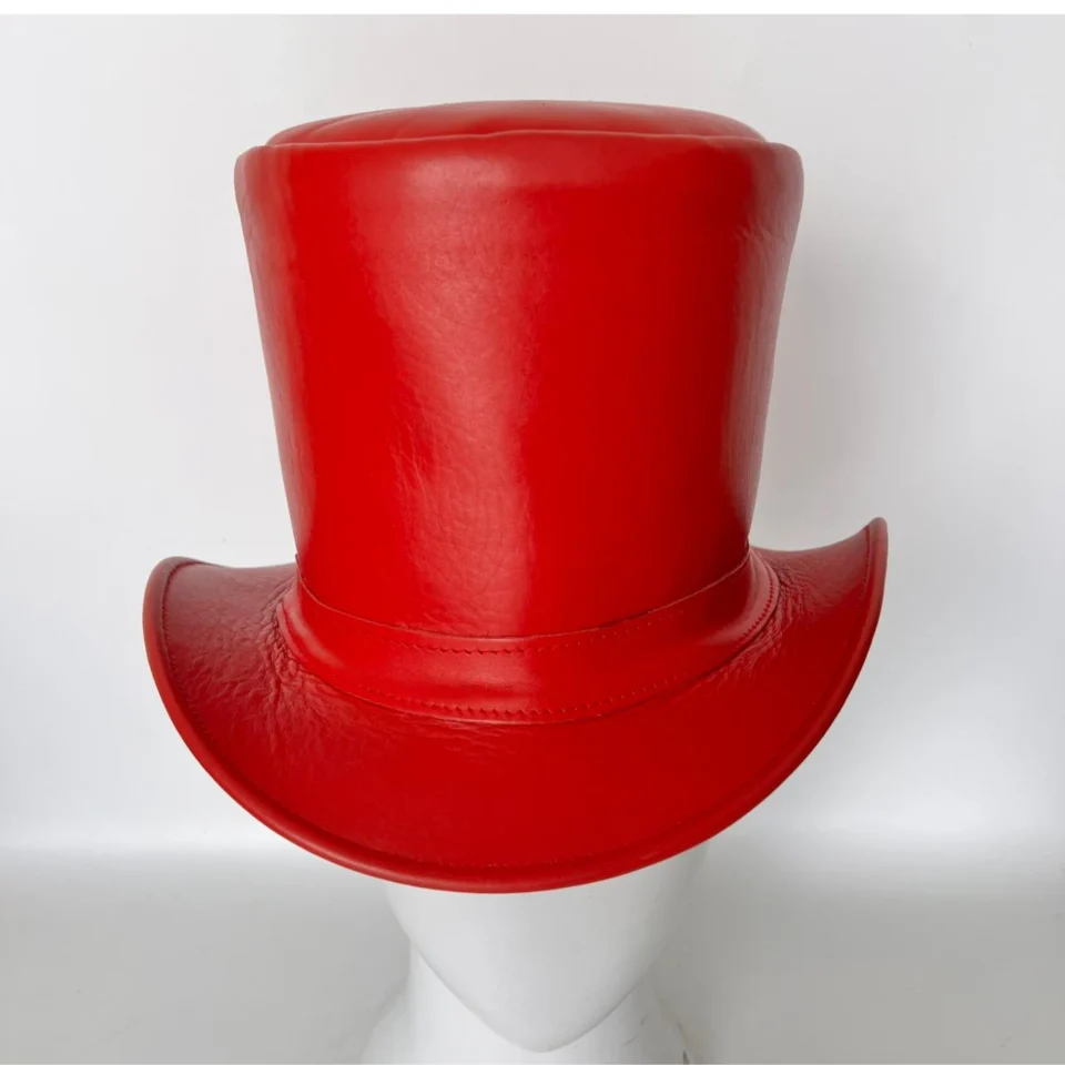 Bright Red Leather-Look Top Hat gallery view 6 - bright red tall top hat / western top hat