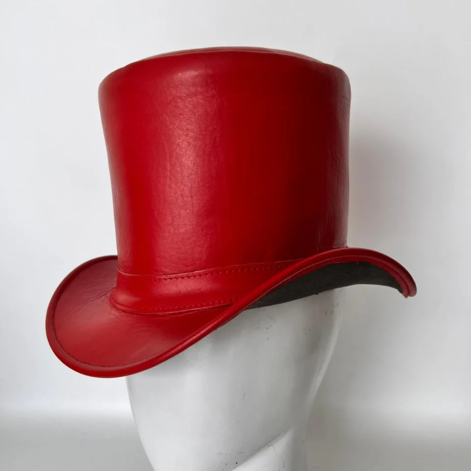 Bright Red Leather-Look Top Hat gallery view 7 - bright red tall top hat / western top hat