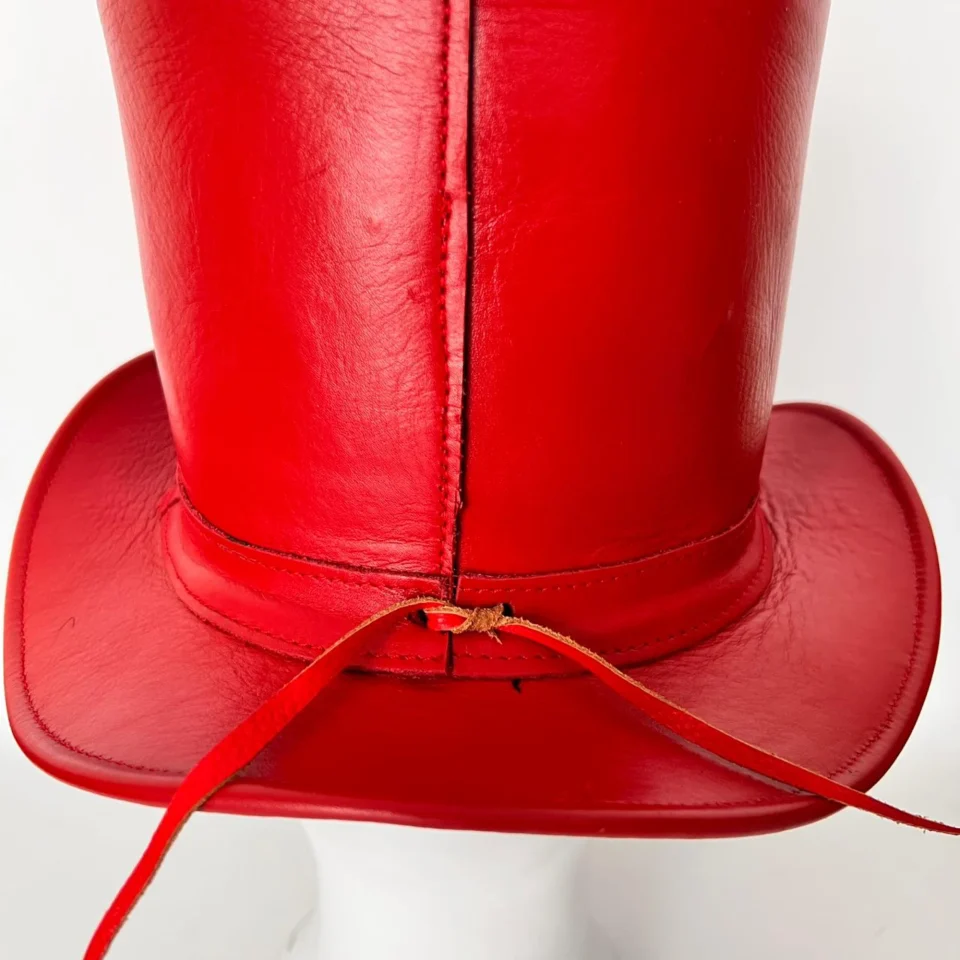 Bright Red Leather-Look Top Hat side view - bright red tall top hat / western top hat