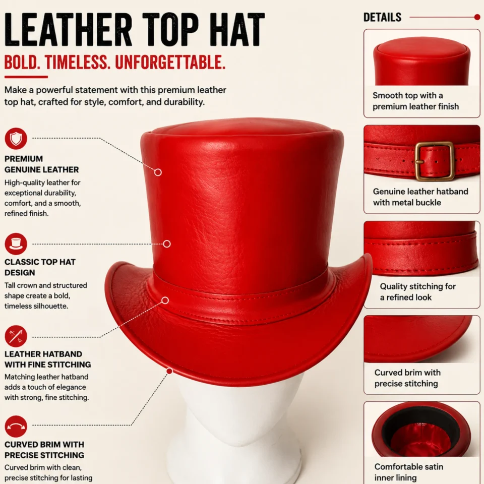 Bright Red Leather-Look Top Hat three-quarter view - bright red tall top hat / western top hat