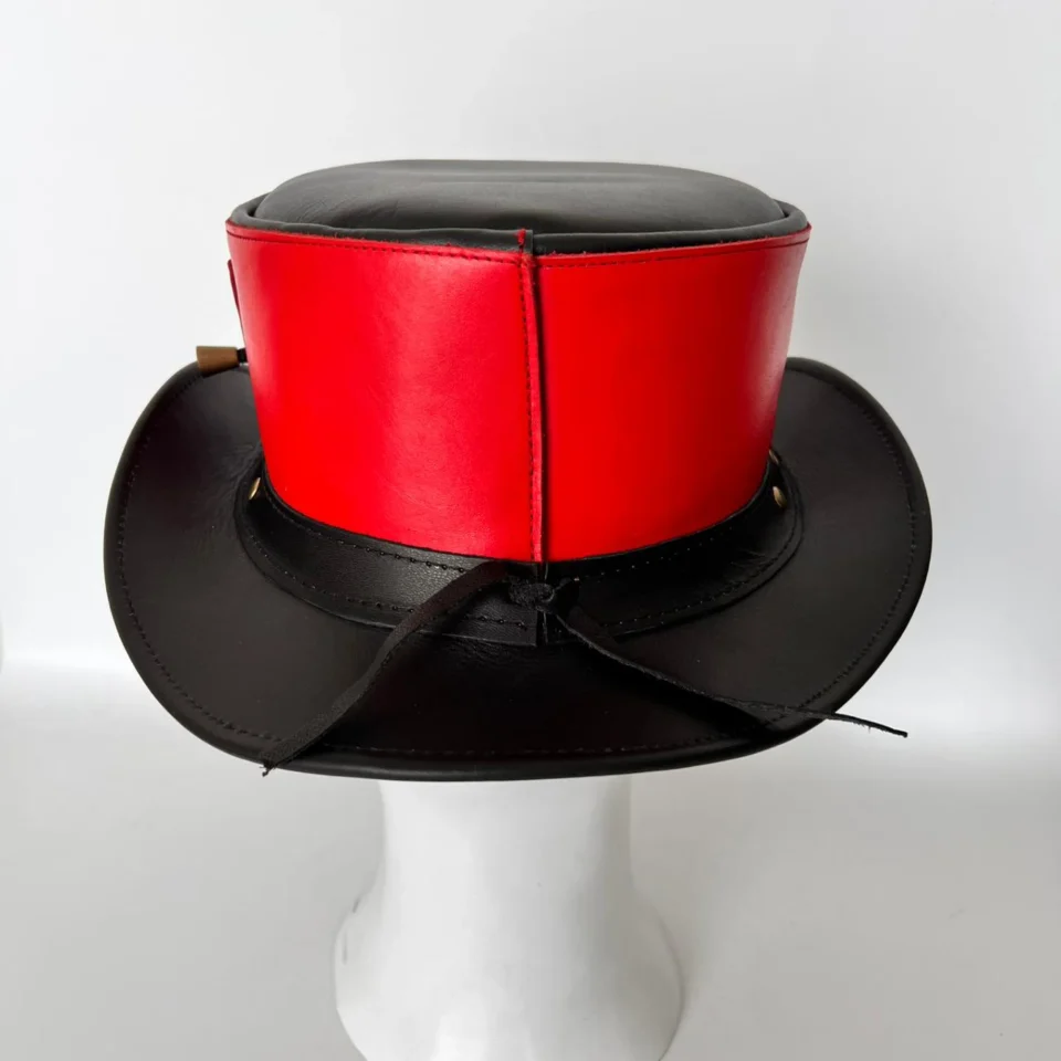 Red and Black Lace-Up Top Hat back view - red and black tall top hat / western top hat