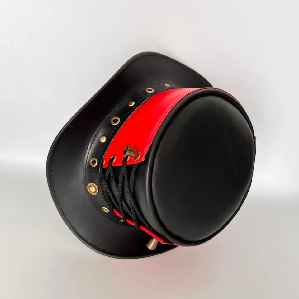 Red and Black Lace-Up Top Hat detail view - red and black tall top hat / western top hat