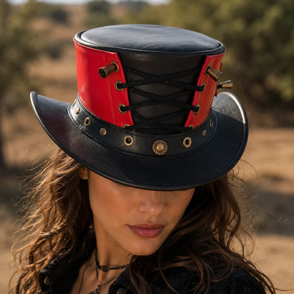 Red and Black Lace-Up Top Hat front view - red and black tall top hat / western top hat