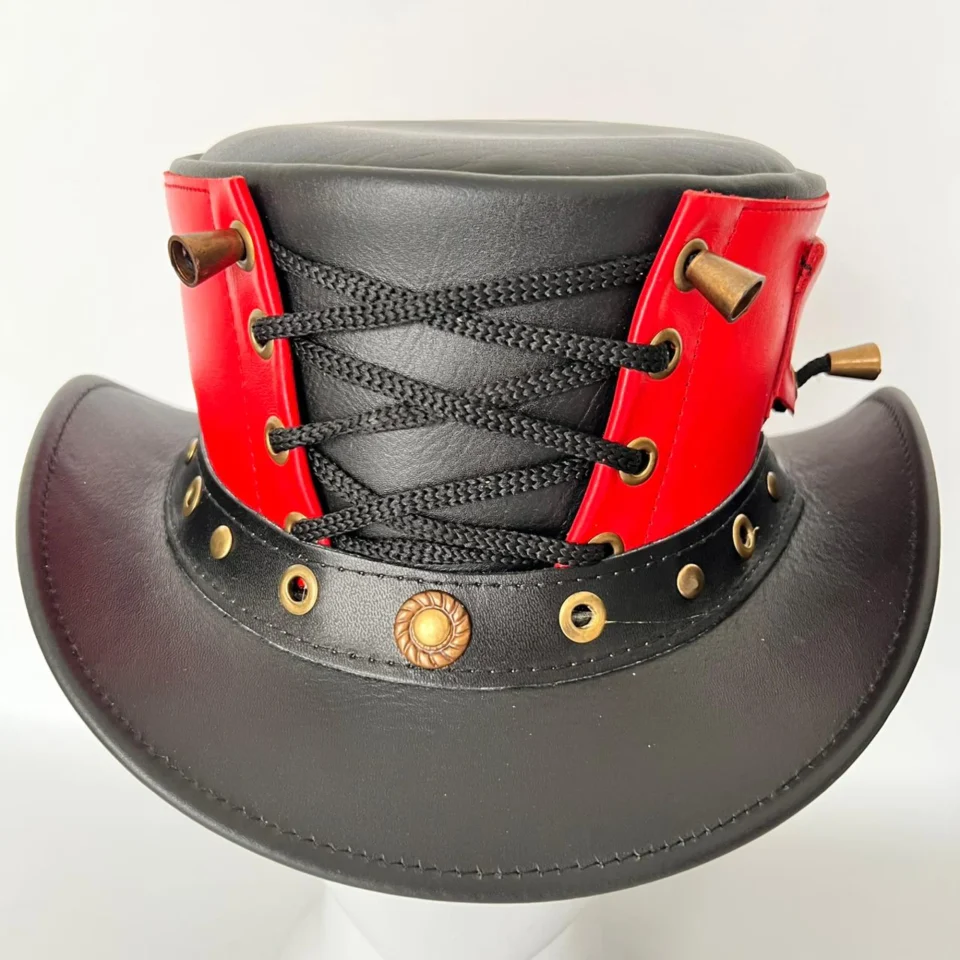 Red and Black Lace-Up Top Hat gallery view 6 - red and black tall top hat / western top hat
