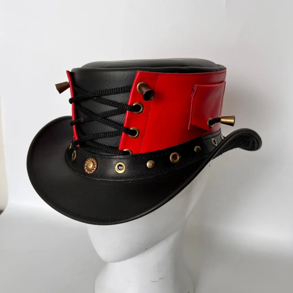 Red and Black Lace-Up Top Hat gallery view 7 - red and black tall top hat / western top hat