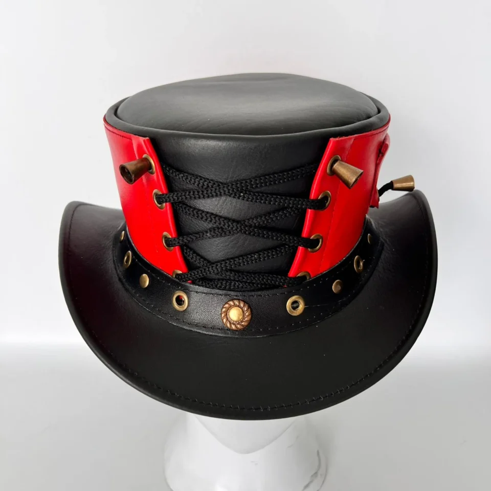 Red and Black Lace-Up Top Hat gallery view 8 - red and black tall top hat / western top hat