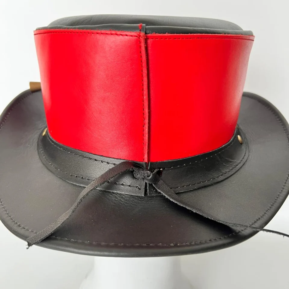 Red and Black Lace-Up Top Hat side view - red and black tall top hat / western top hat
