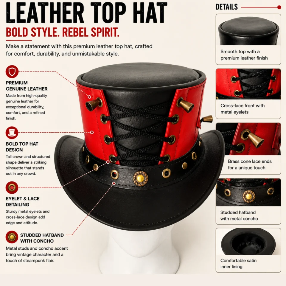 Red and Black Lace-Up Top Hat three-quarter view - red and black tall top hat / western top hat