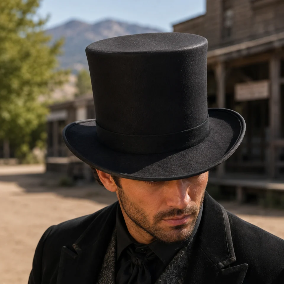 Classic Black Felt Top Hat front view - black tall top hat / western top hat
