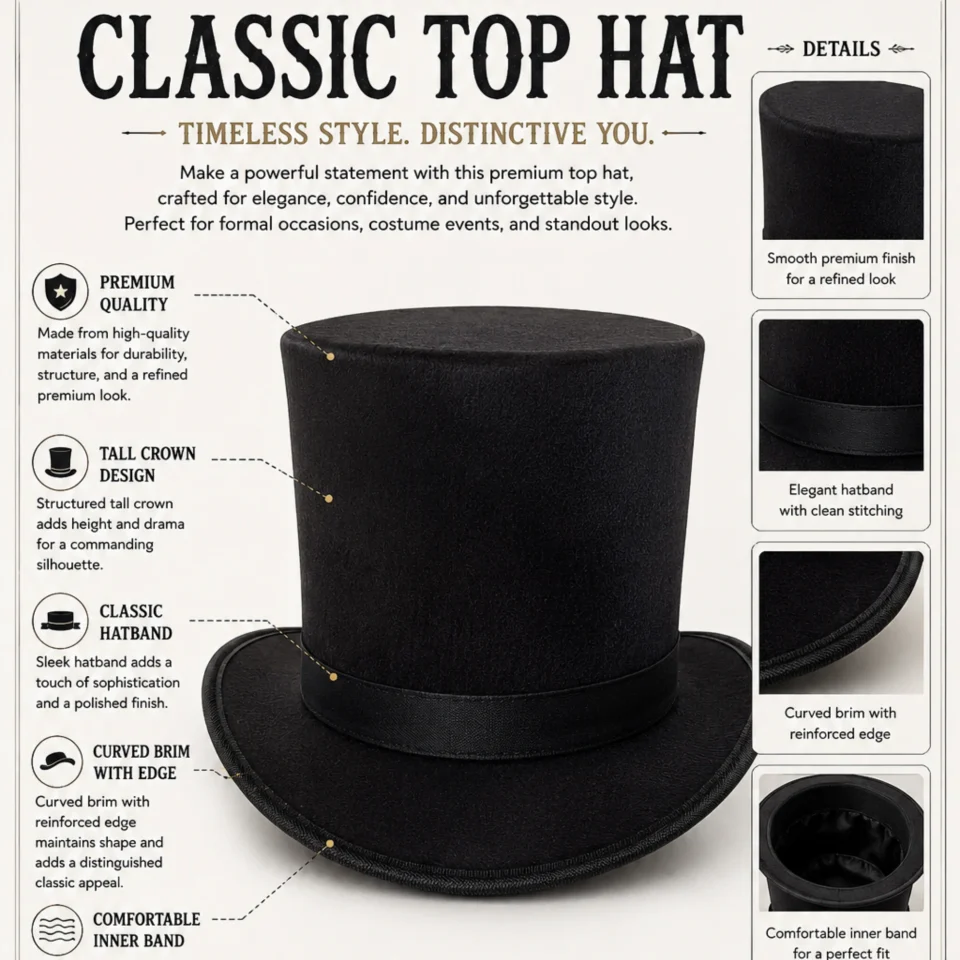 Classic Black Felt Top Hat three-quarter view - black tall top hat / western top hat