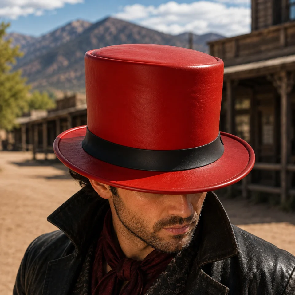Red Tall Crown Top Hat front view - red tall top hat / western top hat