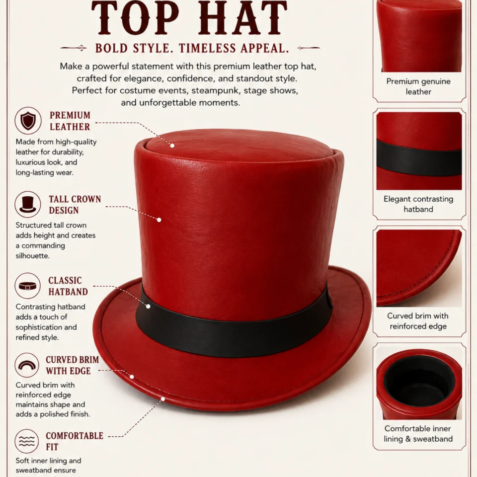 Red Tall Crown Top Hat three-quarter view - red tall top hat / western top hat