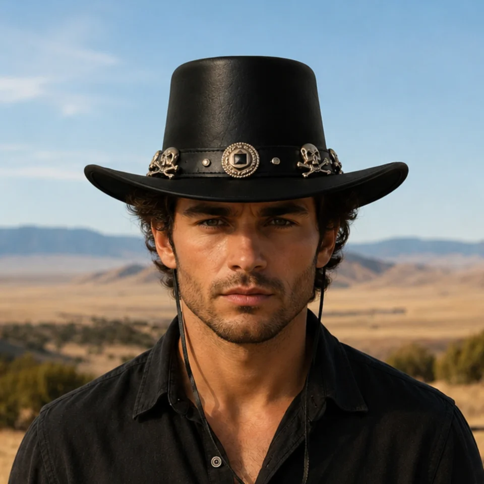 Black Western Top Hat with Eyelets front view - black tall top hat / western top hat
