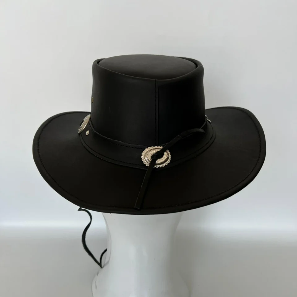 Black Western Top Hat with Eyelets side view - black tall top hat / western top hat