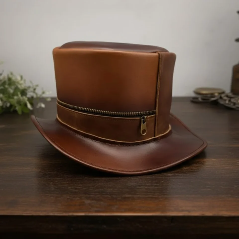 Black Handmade Leather Steampunk Top Hat Style 005 front view - black steampunk top hat with structured crown