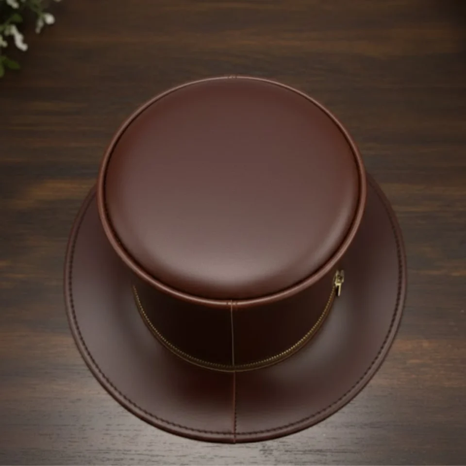 Black Handmade Leather Steampunk Top Hat Style 005 side view - black steampunk top hat with structured crown