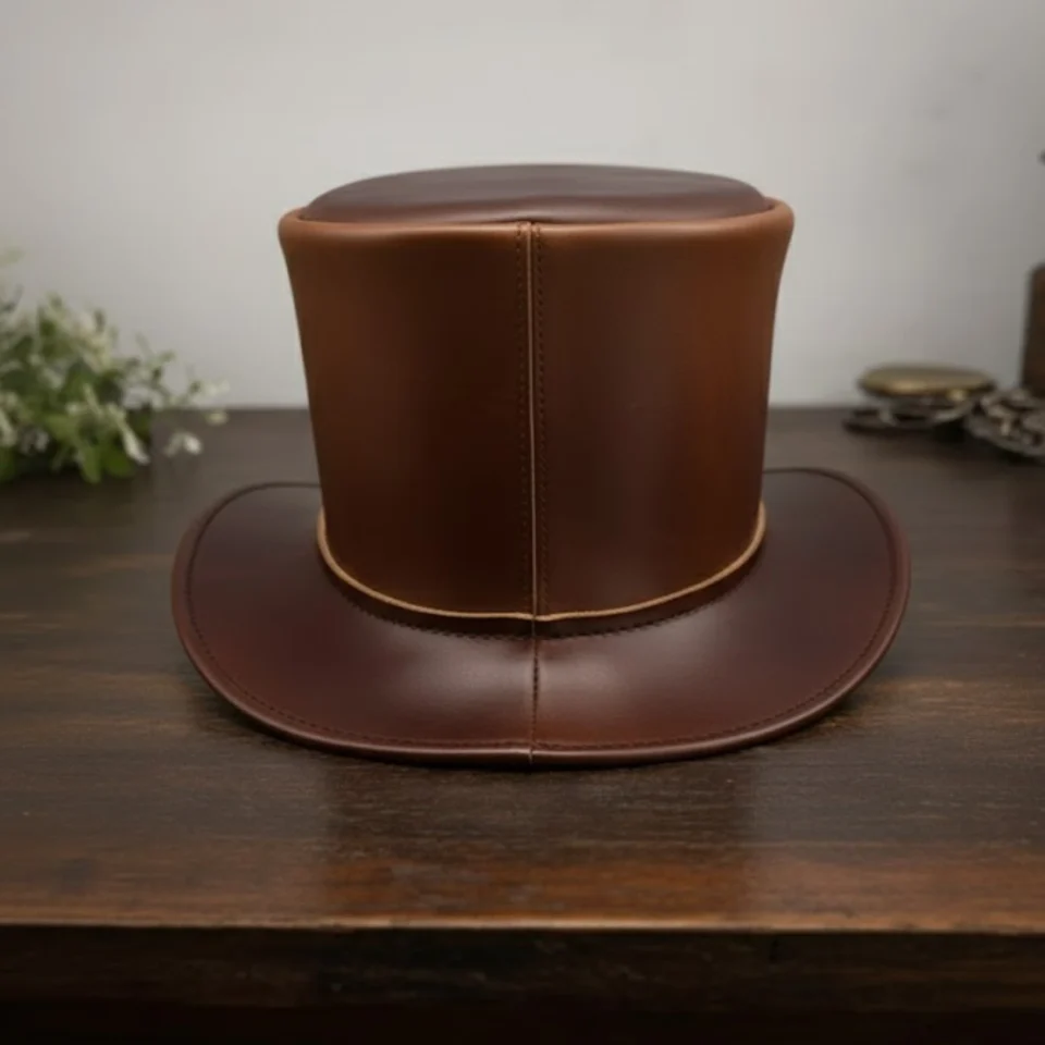 Black Handmade Leather Steampunk Top Hat Style 005 three quarter view - black steampunk top hat with structured crown