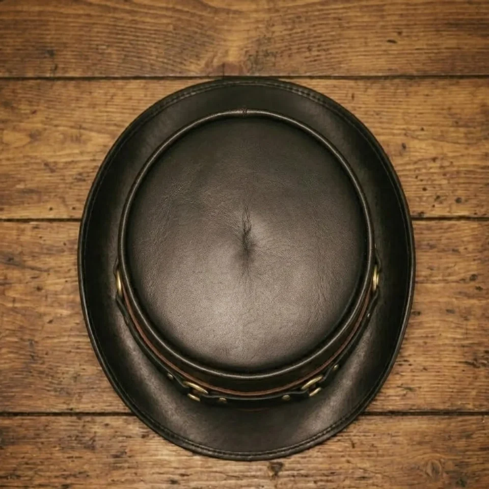 Black Handmade Leather Steampunk Top Hat Style 038 back view - black steampunk top hat with structured crown