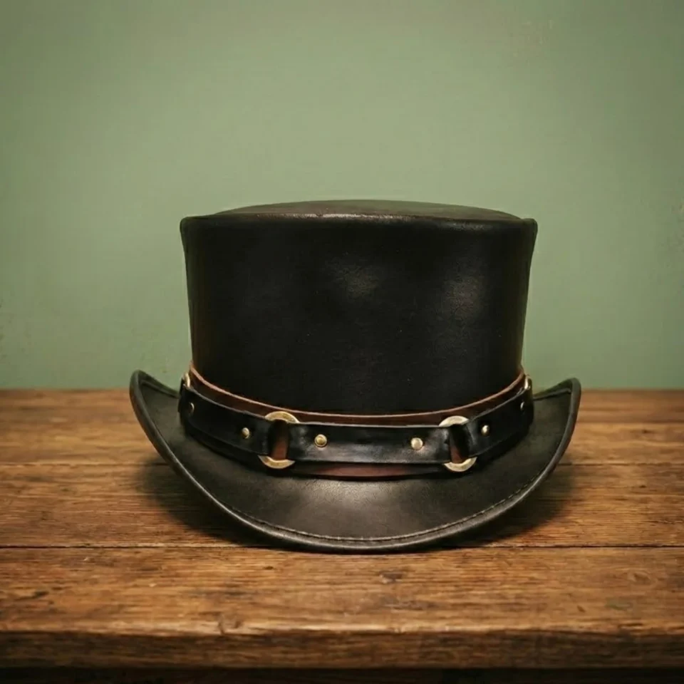 Black Handmade Leather Steampunk Top Hat Style 038 detail view - black steampunk top hat with structured crown