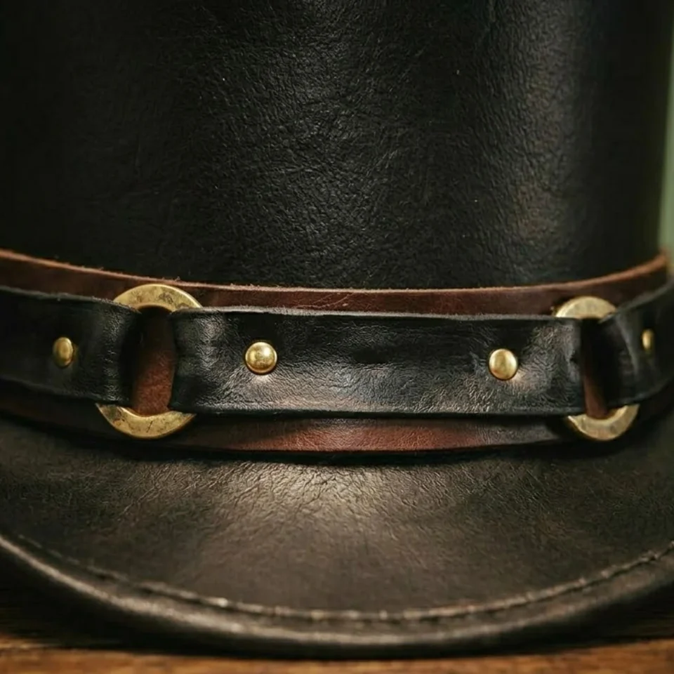 Black Handmade Leather Steampunk Top Hat Style 038 front view - black steampunk top hat with structured crown
