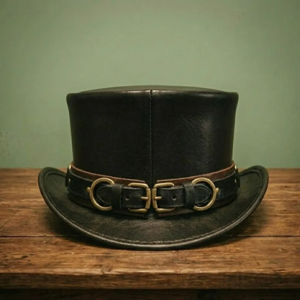 Black Handmade Leather Steampunk Top Hat Style 038 three quarter view - black steampunk top hat with structured crown