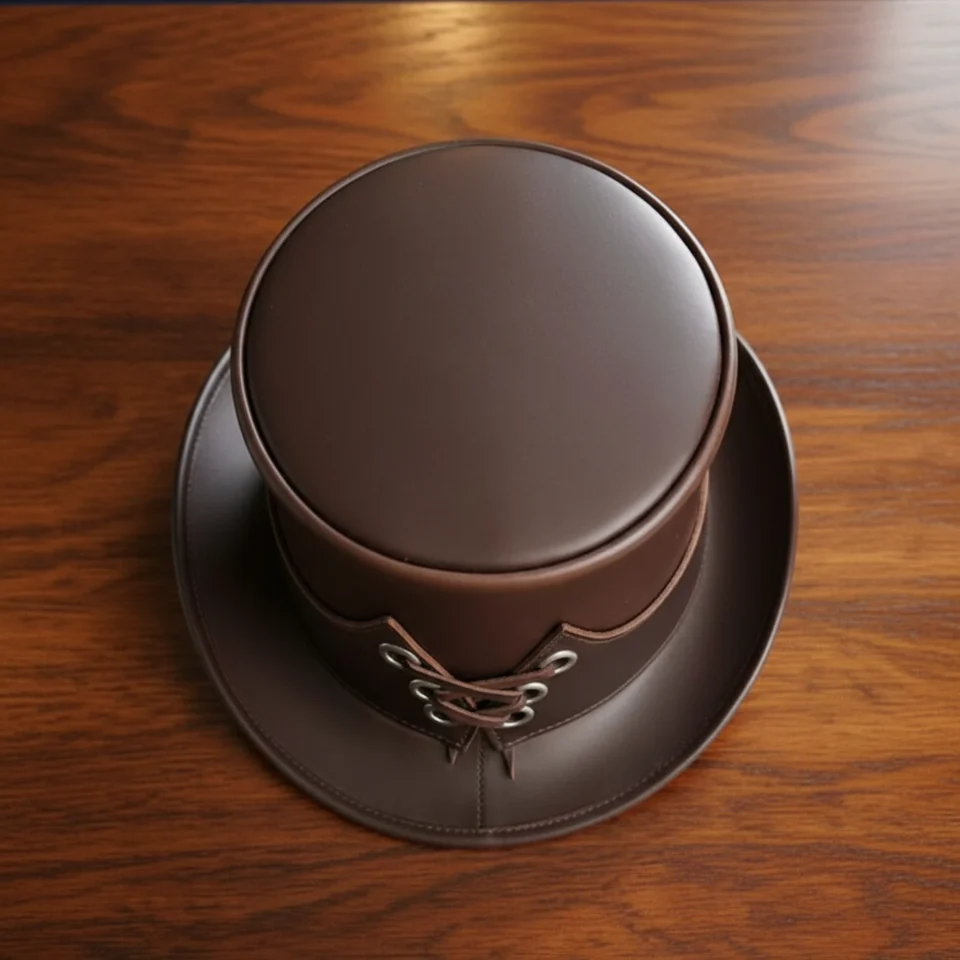 Black Handmade Leather Steampunk Top Hat Style 056 back view - black steampunk top hat with structured crown