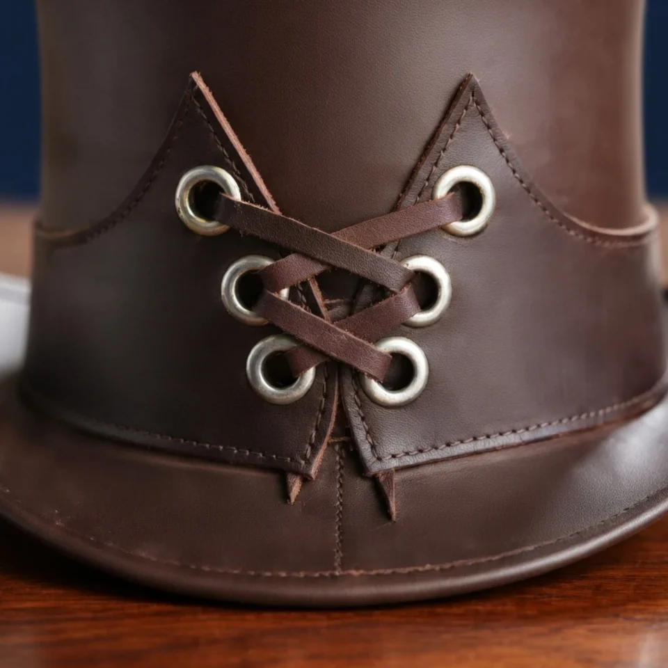 Black Handmade Leather Steampunk Top Hat Style 056 three quarter view - black steampunk top hat with structured crown