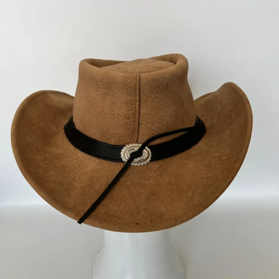 Black Handmade Leather Steampunk Top Hat Style 062 side view - black steampunk top hat with structured crown
