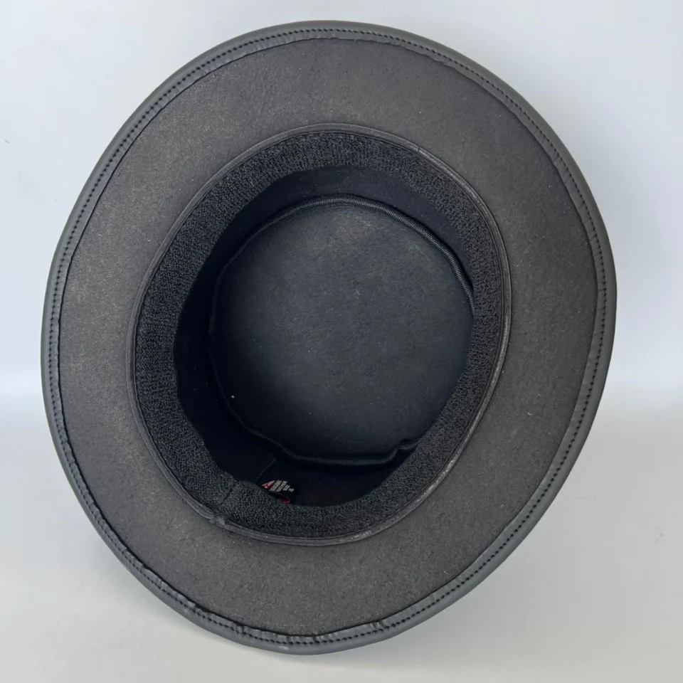 Black Handmade Leather Steampunk Top Hat Style 083 detail view - black steampunk top hat with structured crown