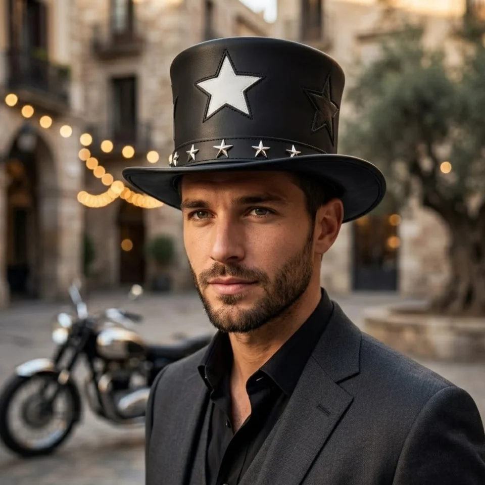 Black Handmade Leather Steampunk Top Hat Style 083 front view - black steampunk top hat with structured crown