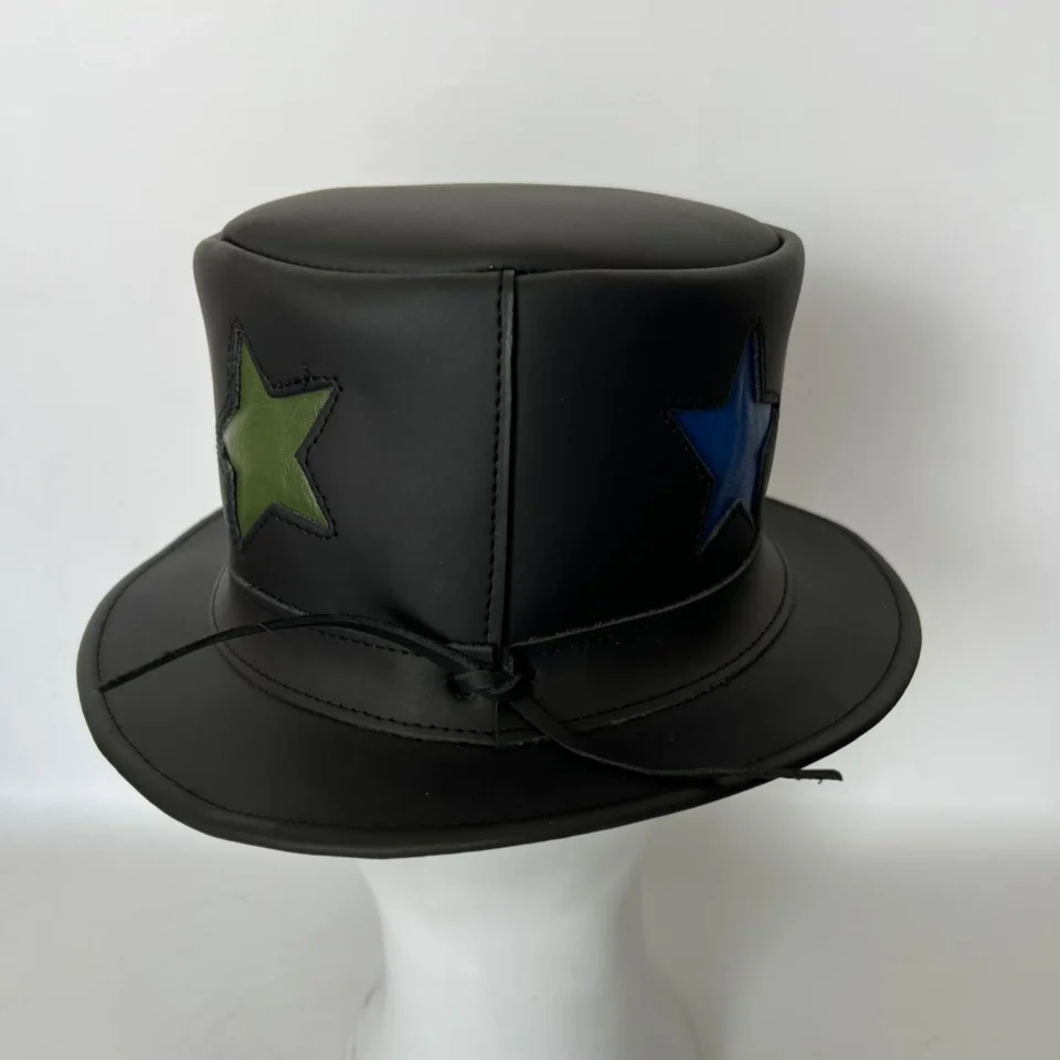 Black Handmade Leather Steampunk Top Hat Style 083 gallery view 05 - black steampunk top hat with structured crown