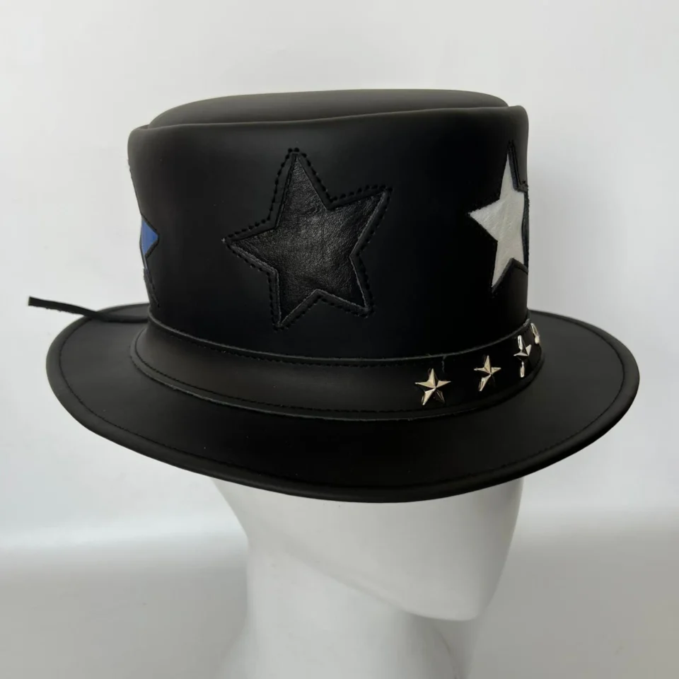 Black Handmade Leather Steampunk Top Hat Style 083 gallery view 06 - black steampunk top hat with structured crown
