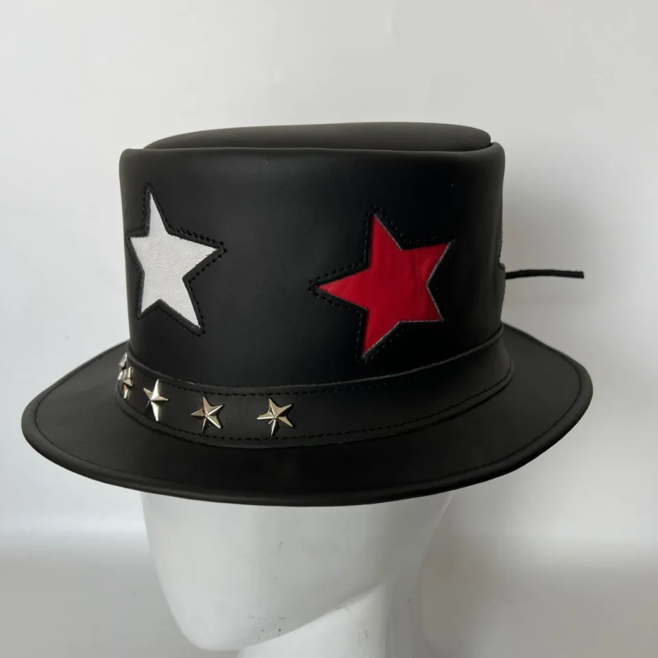 Black Handmade Leather Steampunk Top Hat Style 083 gallery view 07 - black steampunk top hat with structured crown