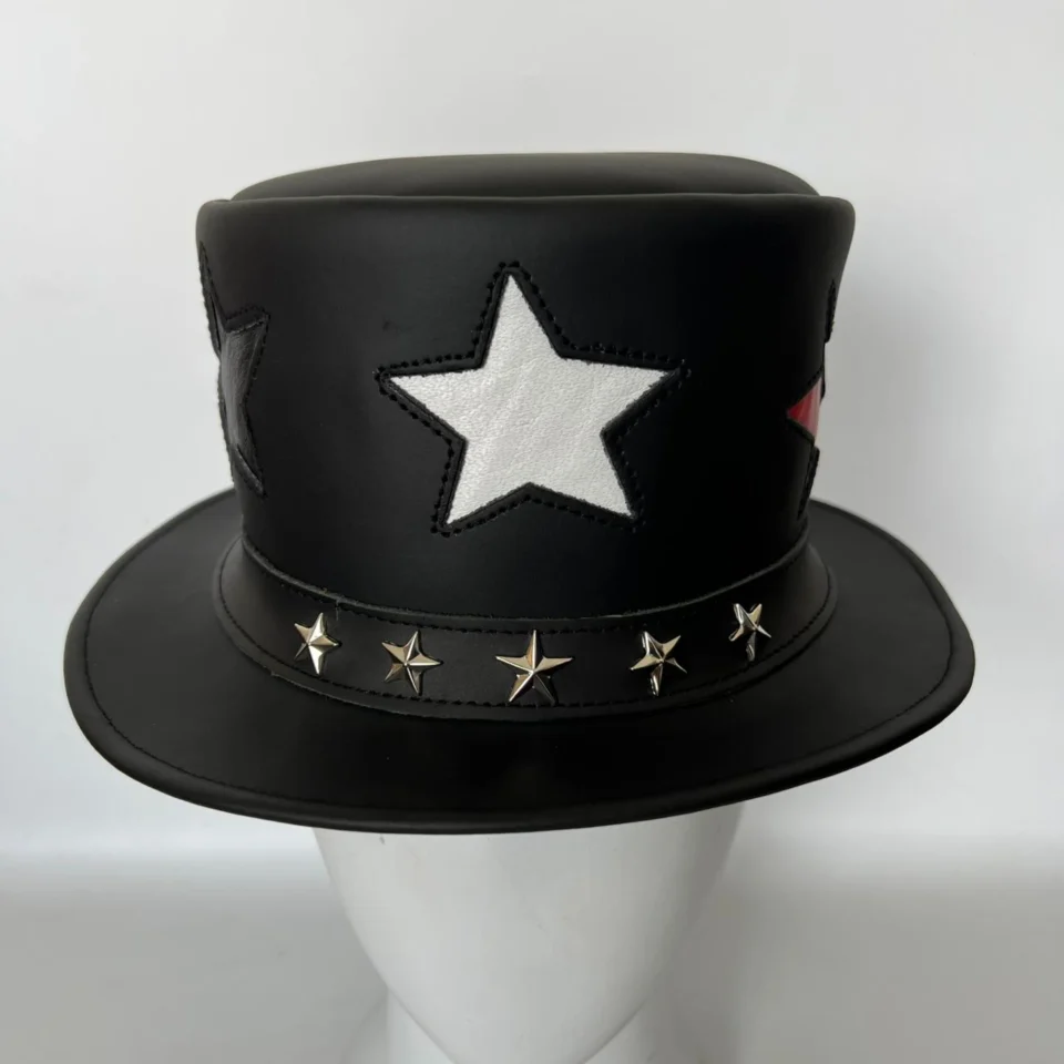Black Handmade Leather Steampunk Top Hat Style 083 gallery view 08 - black steampunk top hat with structured crown