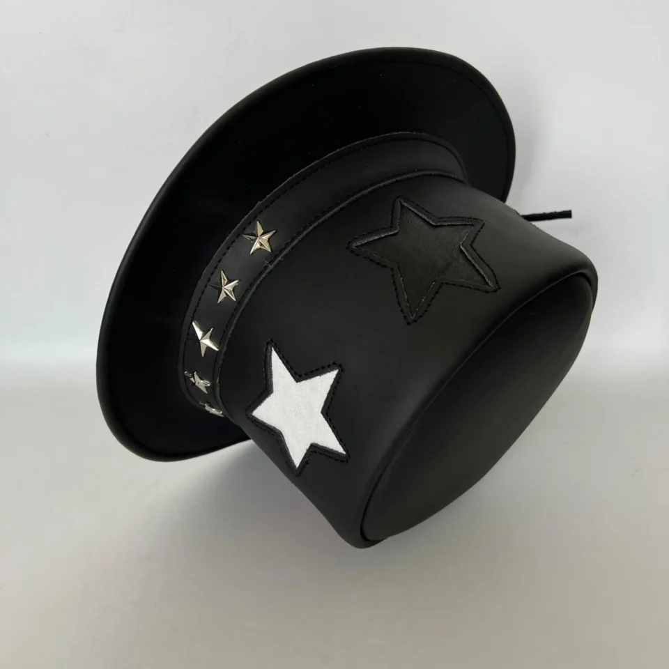 Black Handmade Leather Steampunk Top Hat Style 083 gallery view 10 - black steampunk top hat with structured crown