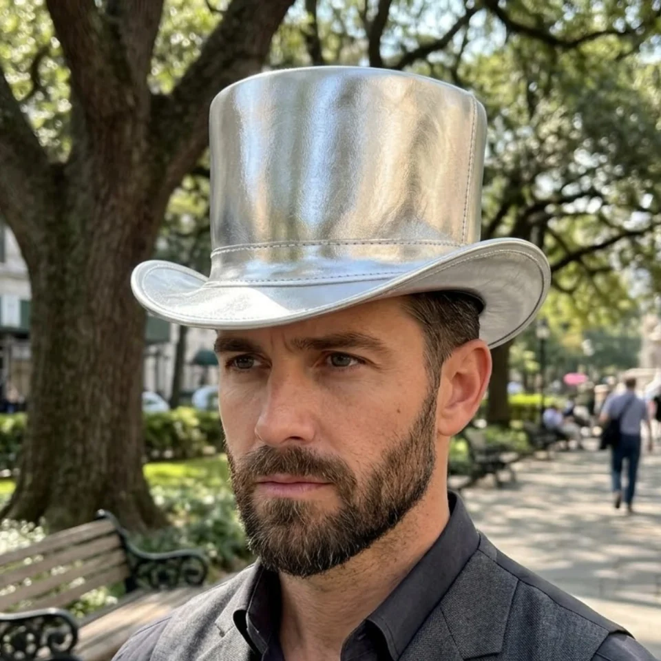 Black Handmade Leather Steampunk Top Hat Style 089 front view - black steampunk top hat with structured crown